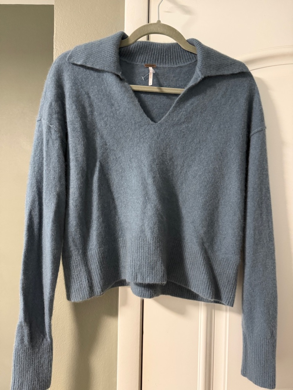 Free People Dusty Blue V-Neck Collared Cashmere Sweater